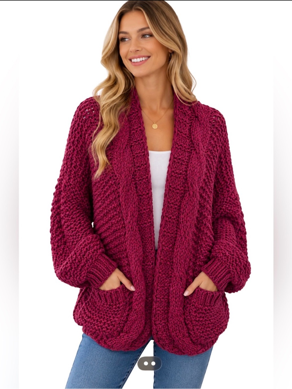 Pink Lily Chunky CableKnit Cardigan Sweater Pockets Oversized burgundy slouchy S